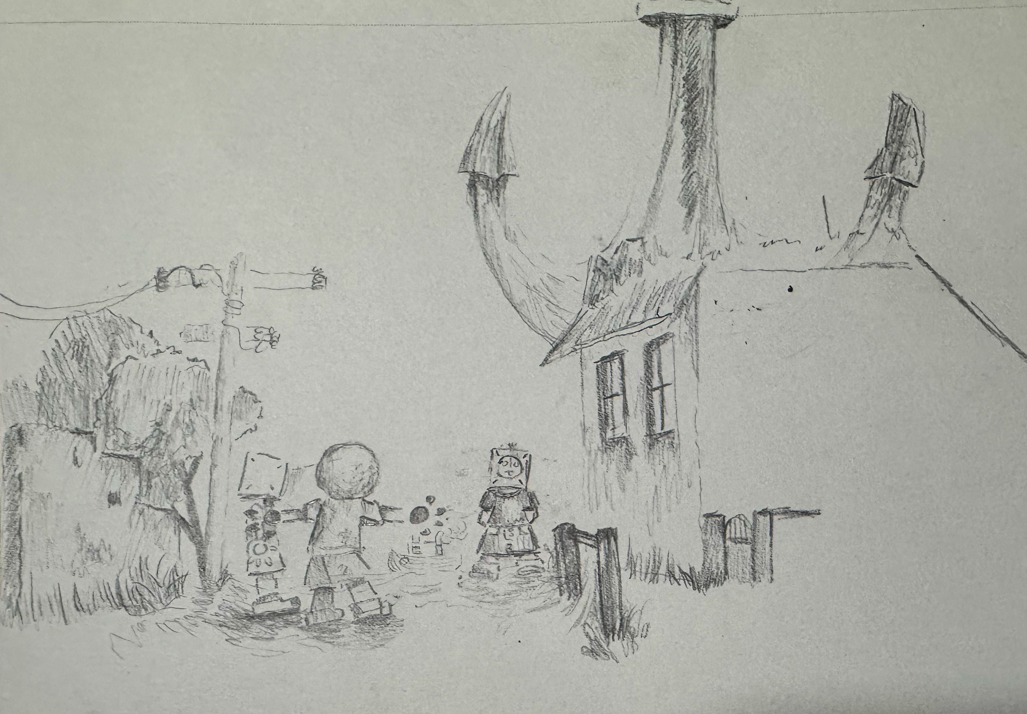 Sketch of characters on a village path